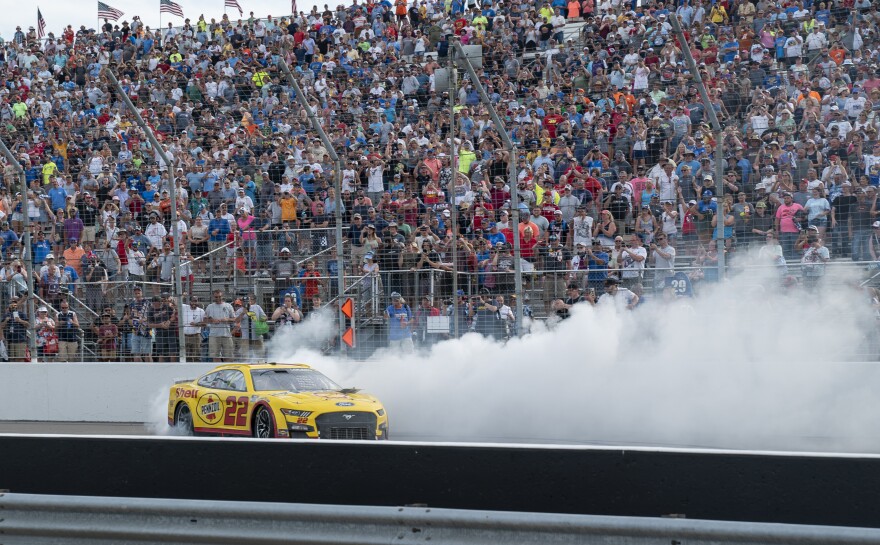 Joey Logano does donuts to celebrate his victory of the inaugural Enjoy Illinois 300 NASCAR Cup Series race at World Wide Technology Raceway on June 5. 