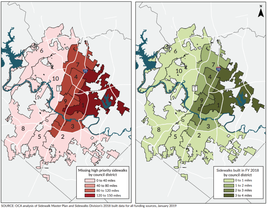 Side-by-side maps showing sidewalk needs by council district and sidewalks built in 2018