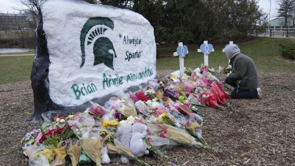 A mourner leaves flowers at The Rock on the grounds of Michigan State University in East Lansing, Mich., Wednesday, Feb. 15, 2023. Alexandria Verner, Brian Fraser and Arielle Anderson were killed and several other students remain in critical condition after a gunman opened fire on the campus of Michigan State University Monday night. (AP Photo/Paul Sancya)