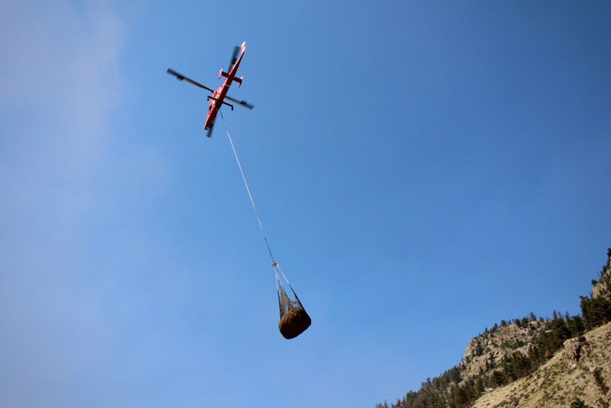 A helicopter carries its payload of mulch towards the burn scar. A pair of choppers zips back and forth for hours each day, covering thousands of acres of charred forest.