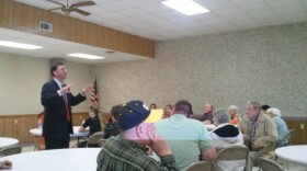 Sen. John Sullivan (D-Rushville) addresses the crowd during a town hall meeting in Hamilton.