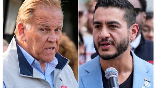 This combination photo of images taken in Detroit shows Senate nominees Republican Mike Rogers, Aug. 20, 2026, left, and Democrat Abdul El-Sayed, Aug. 19, 2026. (AP Photos/Paul Sancya)