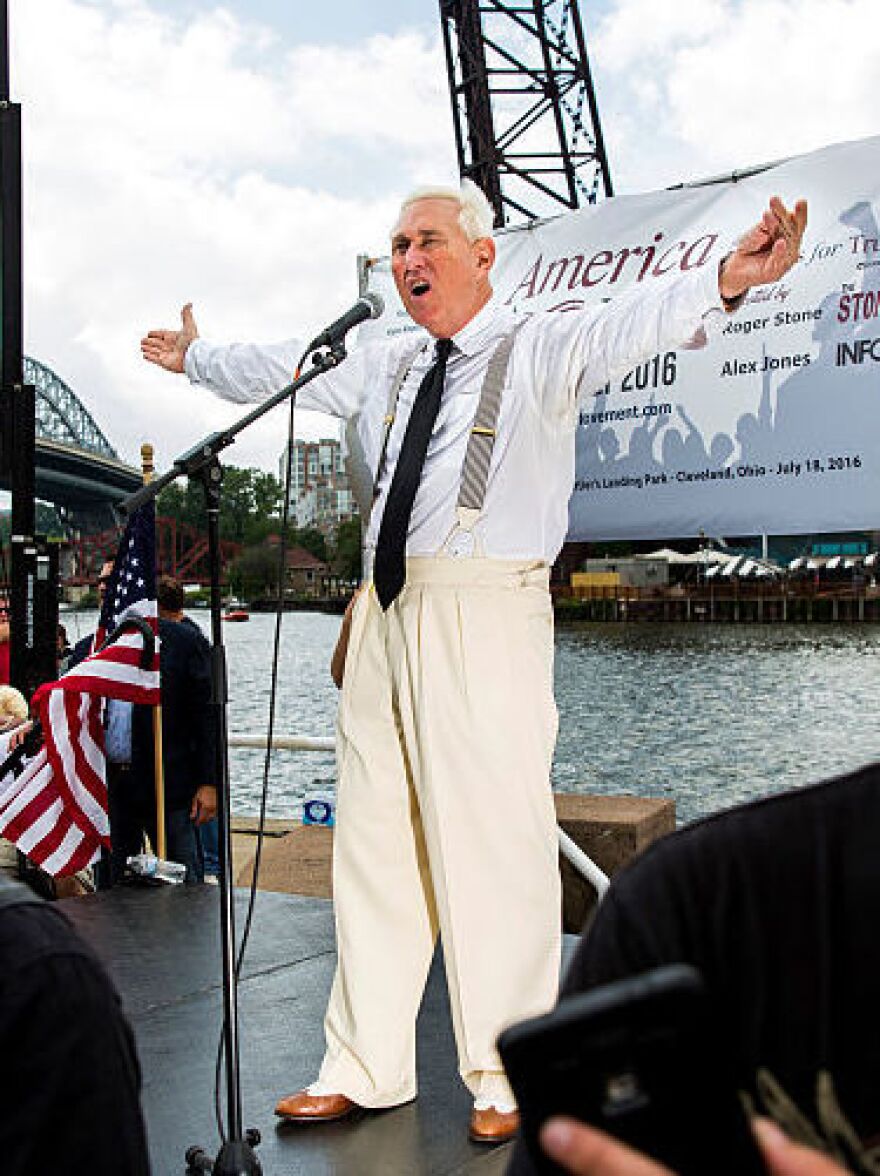 Roger Stone, an informal adviser to Donald Trump who is setting up a poll monitoring operation, speaks at a rally on July 18, the opening day of the Republican National Convention, in Cleveland.