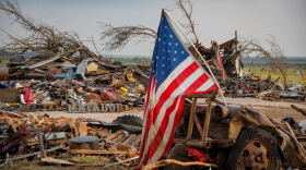 A pile of debris shows the damage caused by a tornado that hit Matador, Texas on June 21, 2023. 