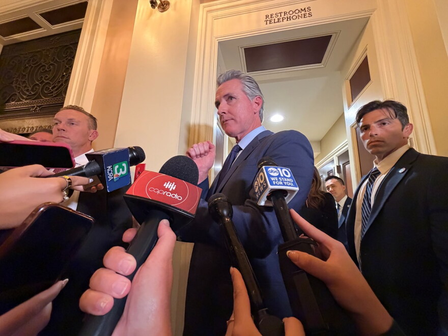 Governor Gavin Newsom speaks to reporters on the final day of the legislative session at the State Capitol in Sacramento. August 31, 2026
