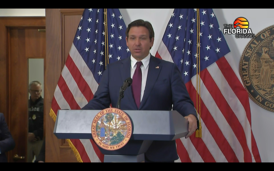 Gov. Ron DeSantis speaks at a press conference regarding landmark immigration bills passed in Tallahassee, Fla., on Thursday, Feb. 13, 2025. (Frame grab via The Florida Channel/Fresh Take Florida)