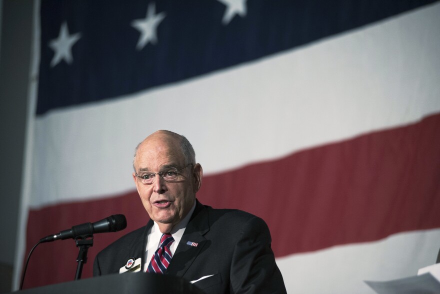 In this June 3, 2017 file photo North Carolina Republican Party Chairman Robin Hayes speaks during the North Carolina Republican Party State Convention at the Wilmington Convention Center in Wilmington, N.C. 