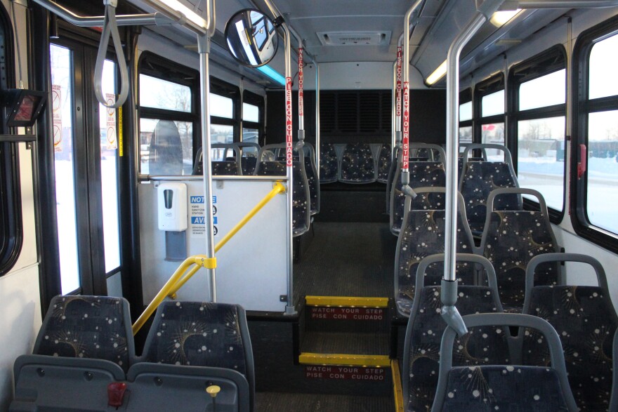 Light shines through the windows into a Kahtnu Area Transit bus on Wednesday, Nov. 19, 2025 in Kenai, Alaska.