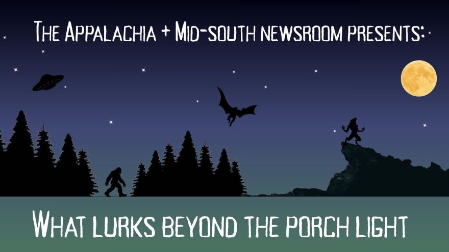 A graphic for the Appalachia + Mid-South Newsroom's series about cryptids, with silhouettes of Bigfoot, Mothman, a werewolf and a UFO.