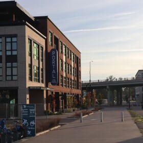 In this October 2025 photo, new apartment complex Portal sits west of the Ferry Street Bridge while Heartwood sits to its east.