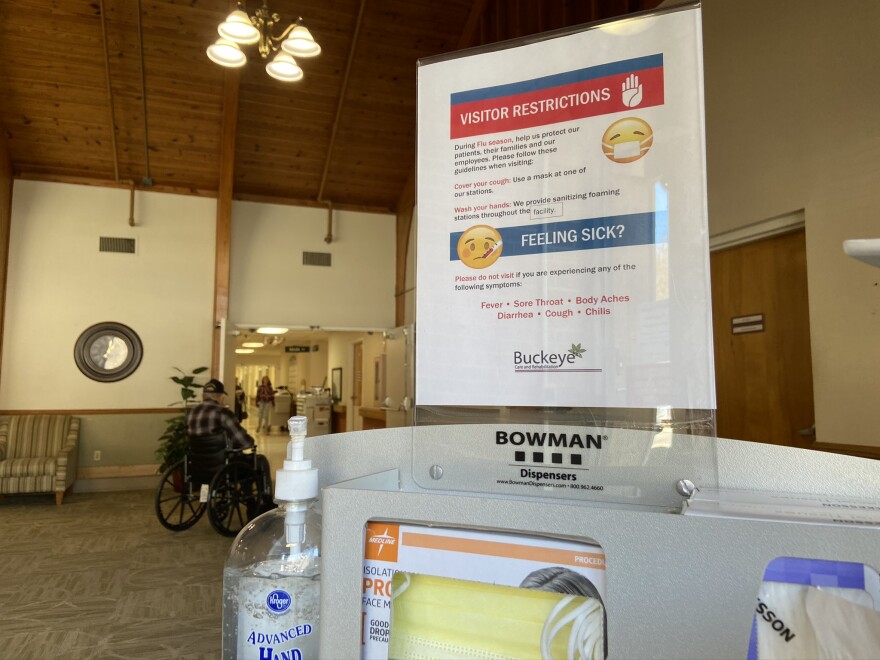 A sanitizer station set up at a Fairfield County nursing home a few days before visitors were banned on March 13 because of coronavirus concerns.