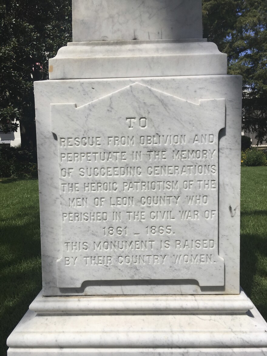 This Aug. 15, 2017, photo shows a 138-year-old Confederate monument in Tallahassee, Fla. (AP Photo/Gary Fineout)