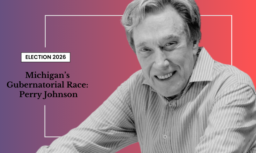 Grayscale photo of a smiling man in a striped shirt with text: "Election 2026. Michigan’s Gubernatorial Race: Perry Johnson" on a pink and red gradient background.