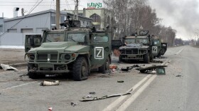 This picture shows Russian infantry mobility vehicles GAZ Tigr destroyed as a result of fight in Kharkiv, located some 50 km from Ukrainian-Russian border, on Feb. 28, 2022. (Sergey Bobok/AFP via Getty Images)