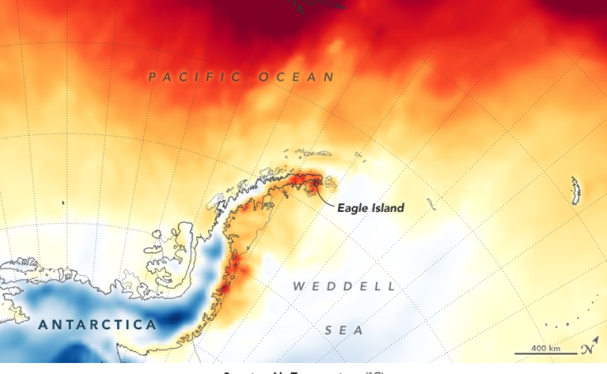 High temperatures are seen on the Antarctic Peninsula, in this map reflecting conditions on Feb. 9. NASA says the map reflects temperatures about 6 1/2 feet above the ground.