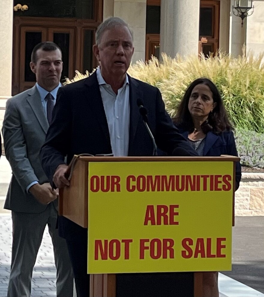 (L-R) State Representative Steve Stafstrom (D-Bridgeport), Governor Ned Lamont (D), Fairfield First Selectman Christine Vitale (D)