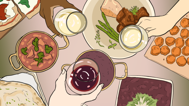 An illustration featuring a bird's eye view of a table with many different dishes on it. The dishes include meatballs, pizza, several different Indian dishes and naan. There are three hands coming together to clink wine glasses over the table. The hand in the upper left has dark skin and is holding a glass of white wine. The hand in the lower part of the illustration has light skin and is holding a glass of red wine. The hand in the upper right part of the illustration has medium-tone skin and is holding a glass of white wine. The word "Embodied" is at the top of the illustration in blue lettering.