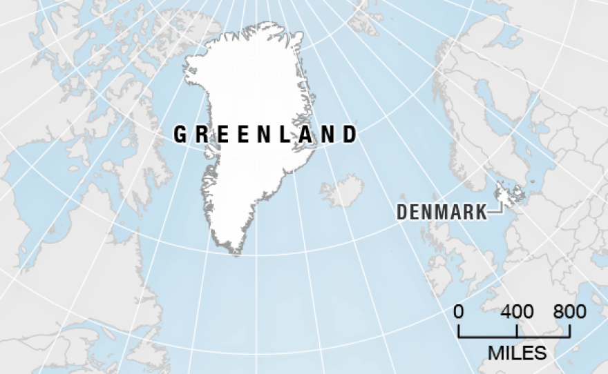 Greenland's geographic relation to Denmark.