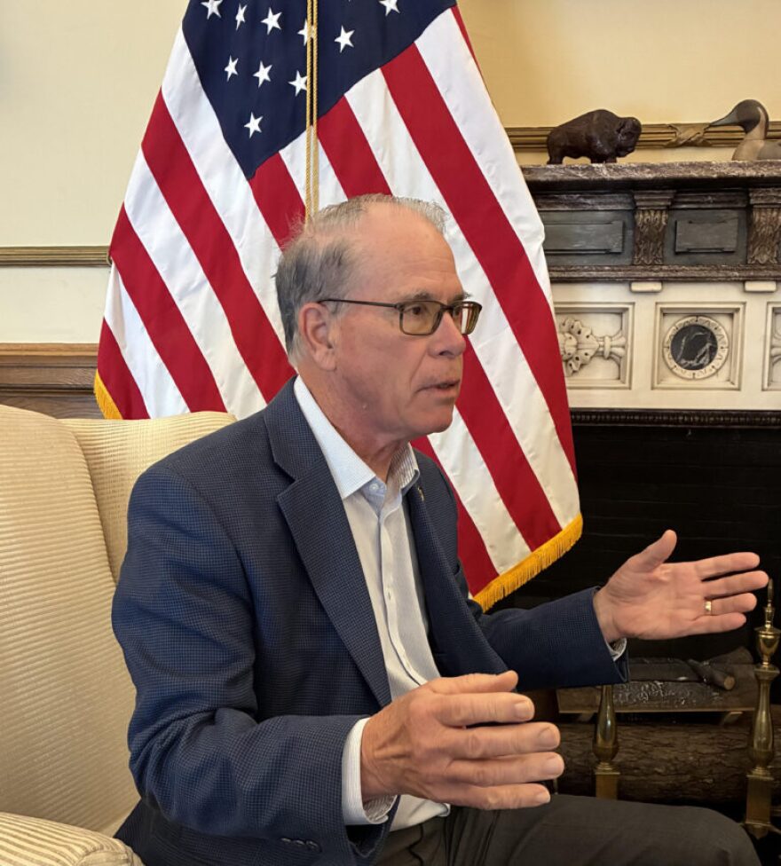 Gov. Mike Braun speaks about statewide public safety initiatives on Tuesday, March 24, 2026, in his office at the Indiana Statehouse.