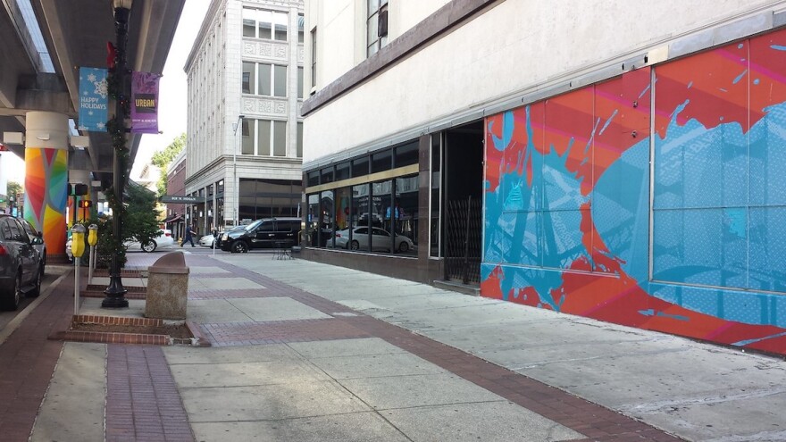 sidewalk and building on Hogan Street