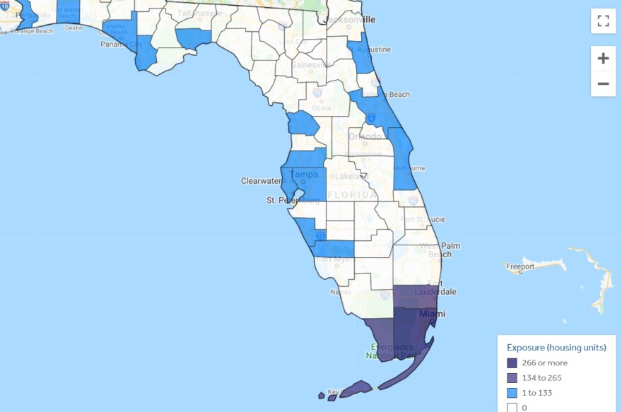 Color-coated map showing sea level rise projections for Florida counties. 