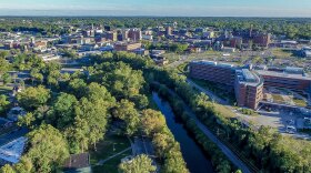 A look along Buck Creek in Springfield, Ohio showing the hospital and downtown.