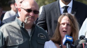 Pastor Frank Pomeroy and his wife Sherri speak at a press conference on Nov. 6, 2017 at the First Baptist Church in Sutherland Springs, Texas, following a mass shooting that left 26 people dead, including their 14-year-old daughter. (Suzanne Cordeiro/AFP/Getty Images)