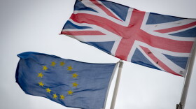 The Union Jack flag flies besides the flag of the European Union in front of City Hall in Cardiff, Wales. (Matt Cardy/Getty Images)