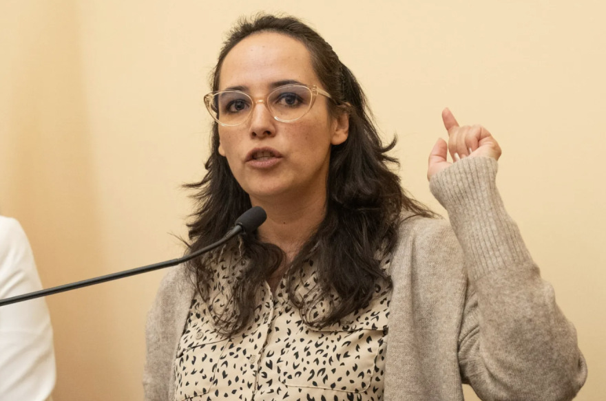 State Rep. Lorena Garcia, D-Adams County, speaks to reporters on Feb. 10, 2025.