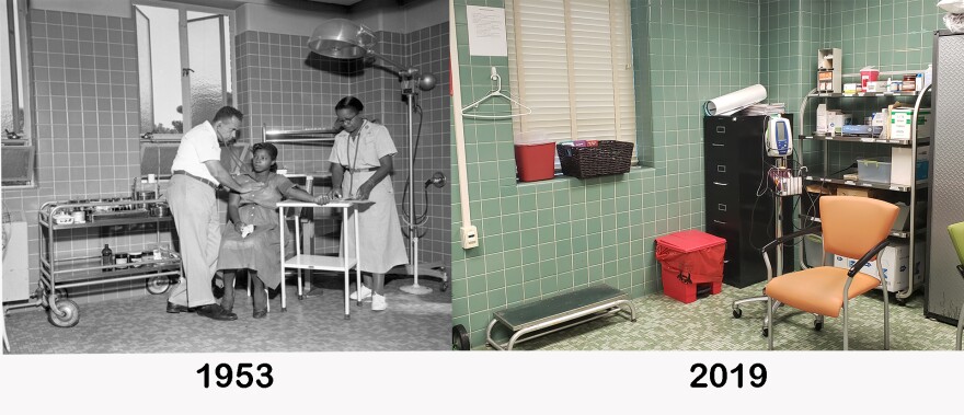 A black-and-white image next to a colored one, showing a clinic room from the past and present