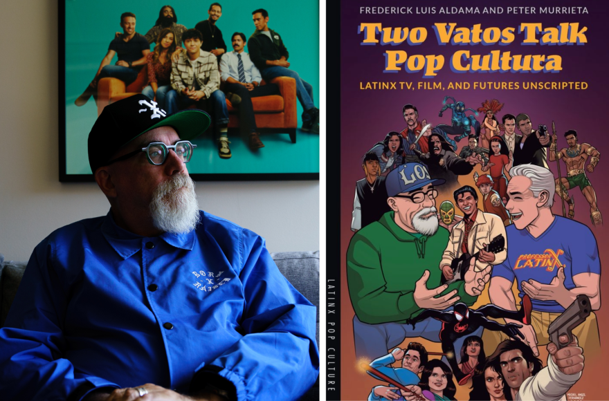 Peter Murrieta, author of "Two Vatos Talk Pop Cultura." On the left, Murrieta is wearing a baseball cap and long sleeve blue shirt. He is sitting on a couch in front of a poster and looking to the right. On the right, is the "Two Vatos Talk Pop Cultura" cover, which showcases a variety of Latinx characters in pop culture with Murrieta and the book's co-author, Frederick Luis Aldama, in the center. 