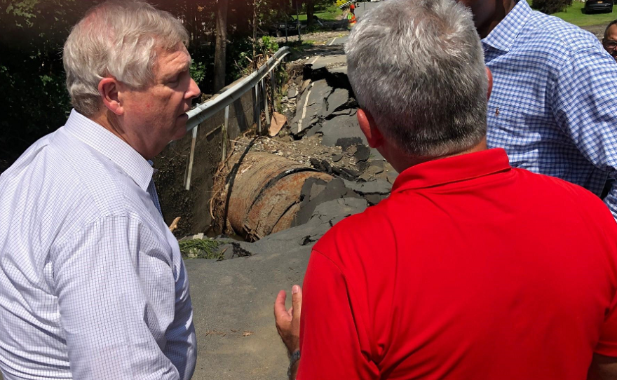 Vilsack, McLaughlin and Delgado discuss the devastation along Taborton Rd. in Rensselaer County.