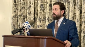 Oklahoma Rep. Jared Deck, D-Norman, speaks about candidate loans at a press conference at the Skirvin Hotel in Oklahoma City on Thursday, Oct. 15, 2026. Deck wants banking regulators and campaign finance watchdogs to scrutinize loans to GOP gubernatorial candidate Mike Mazzei.