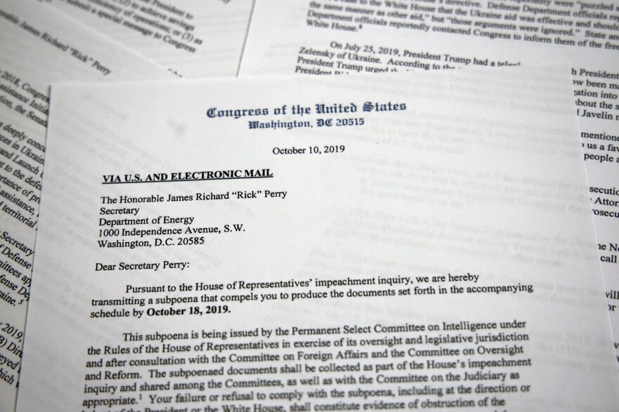 The subpoena from the House Intelligence Committee to Perry. House Democrats have subpoenaed the energy secretary as part of their impeachment inquiry into President Trump's dealings with Ukraine.