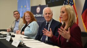 Jenna Quinn (far right) takes part in a roundtable discussion in Tyler, Texas about her namesake bill in Congress, the Jenna Quinn Law, joined by U.S. Senator John Cornyn of Texas (next to Quinn) and U.S. Representative Nathaniel Moran of District 1 (far left), on Thursday, February 22, 2024.