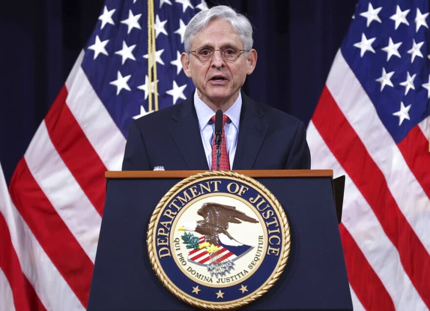 Attorney General Merrick Garland speaks at the Justice Department in Washington, on Tuesday, June 15, 2021. (Win McNamee/Pool via AP)