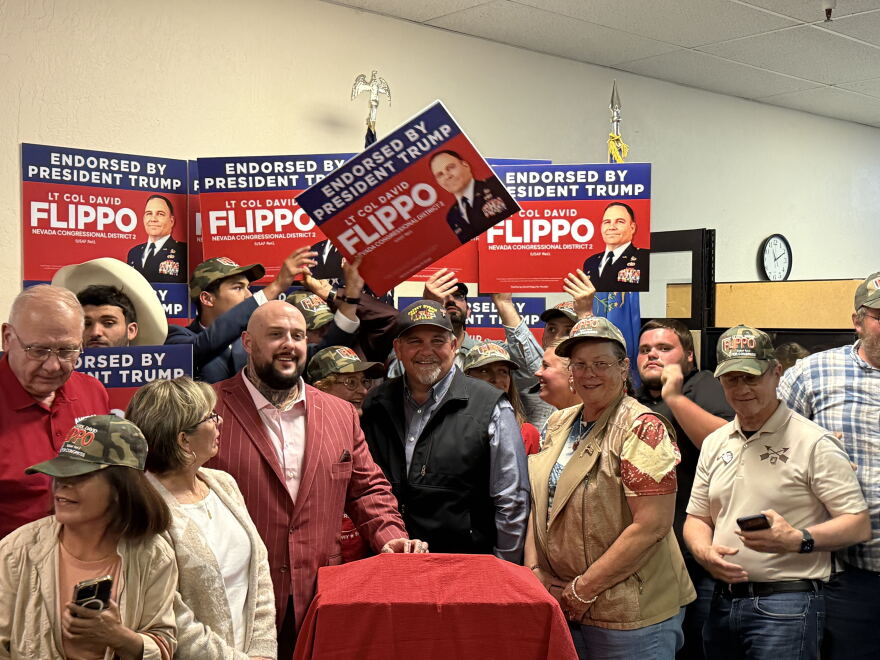 Republican CD2 candidate David Flippo at his primary election victory speech in Reno, Nevada, on June 9, 2026.