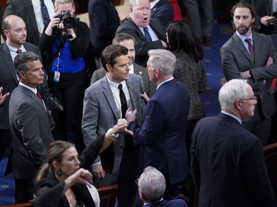 Rep. Matt Gaetz, R-Fla., speaks with Rep. Kevin McCarthy, R-Calif., on the House floor about the 14th round of voting for speaker on Jan. 6, 2023, at the U.S. Capitol.