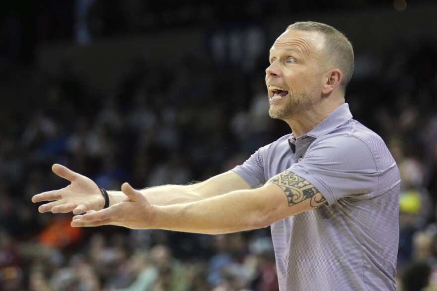 Charleston head coach Pat Kelsey reacts during the first half of a first-round college basketball game against Alabama in the NCAA Tournament in Spokane, Wash., Friday, March 22, 2024. (AP Photo/Ted S. Warren)