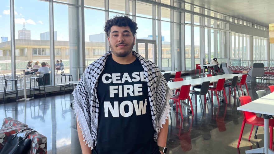 Yaqoub Saadeh at the Indiana University Indianapolis campus on Wednesday, May 22, 2024. Saadeh just graduated a degree in psychology and says he is overwhelmed by watching daily updates on the war in Gaza.