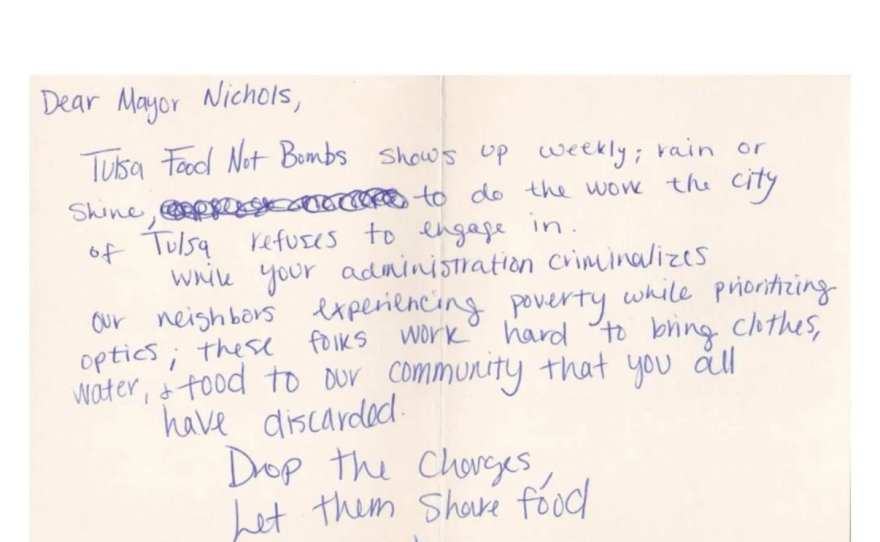 Screenshots of a few letters written by supporters and members of the unhoused community addressed to Tulsa City officials.