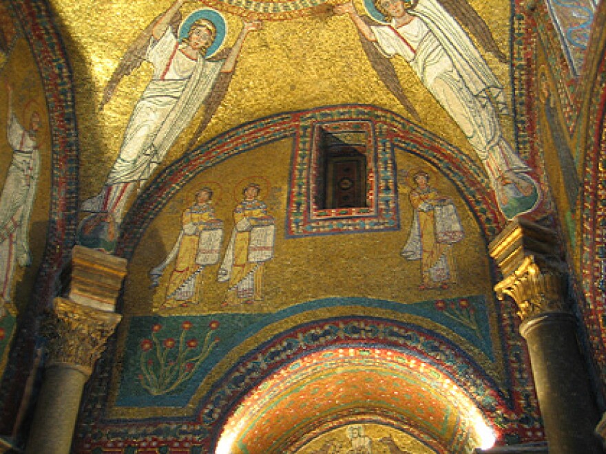 A mosaic of women who became saints after risking their lives to collect the relics of martyrs, St. Praxedes church, Rome.