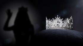 Diamond Silver Crown for Miss Pageant Beauty Contest, Crystal Tiara jewelry decorated gems stone and abstract dark background on black velvet fabric cloth
