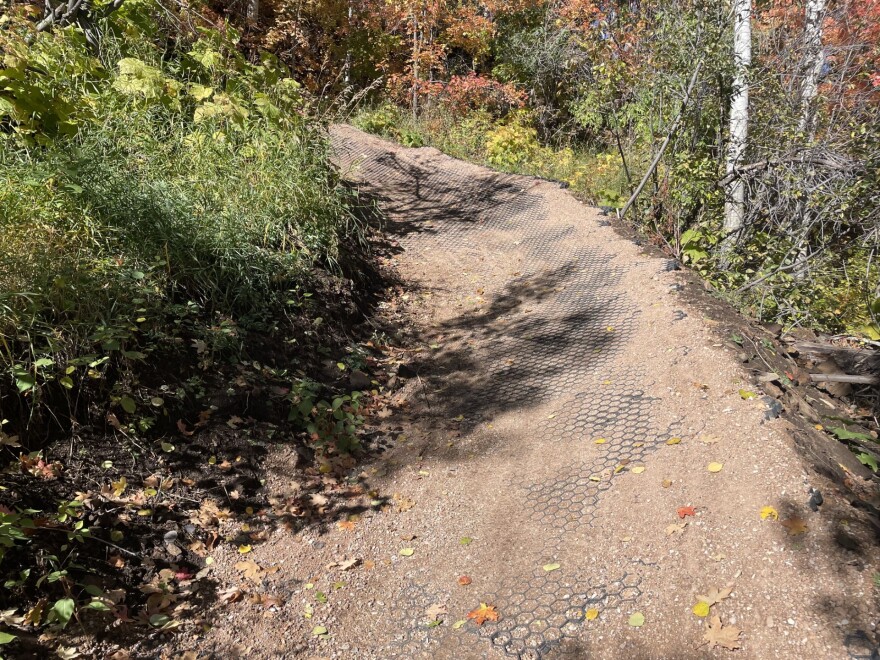 Synthetic erosion control netting is installed along one of the steeper sections of the new Seldom Seen trail.