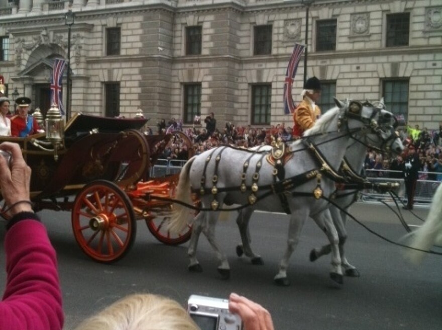 Part of Kate Middleton, Prince William, and mostly the horses roll by the royal wedding crowds.