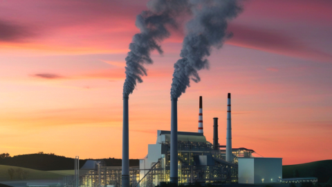 A power plant at sunset emitting smoke.