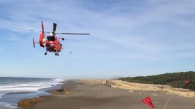 FILE - In this photo provided by the Oregon State Police taken Sunday, Jan. 15, 2017, a U.S. Coast Guard helicopter searches a beach about two miles north of Cape Blanco, Oregon.