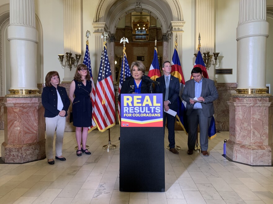 House Democratic Majority Leader Monica Duran, center, praised her caucus' diversity and achievements as she reflected on the legislative session at a press conference on Tuesday, May 9, 2023. Also pictured, from left to right: Lt. Gov. Dianne Primavera, House Speaker Julie McCluskie, Senate President Steve Fenberg and Senate Majority Leader Dominick Moreno. Gov. Jared Polis stands out of sight behind Duran.