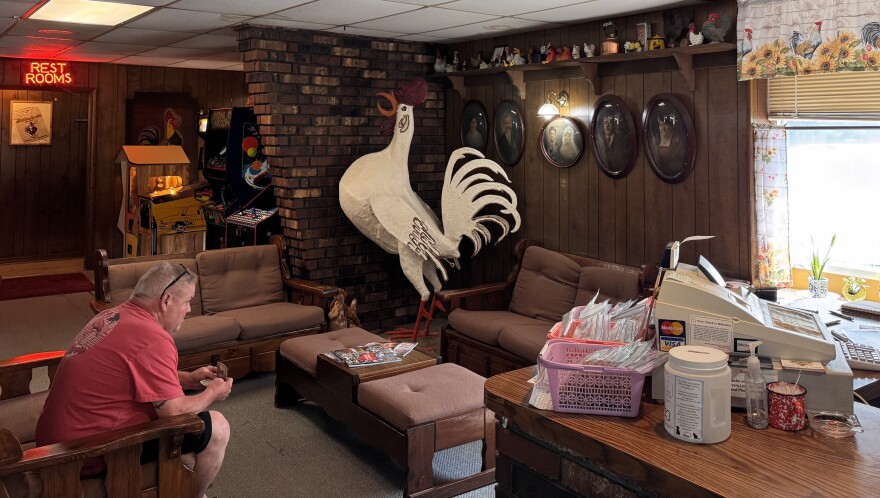 The inside of Chicken Annie's feature's games and a big plastic chicken as soon as you walk in.