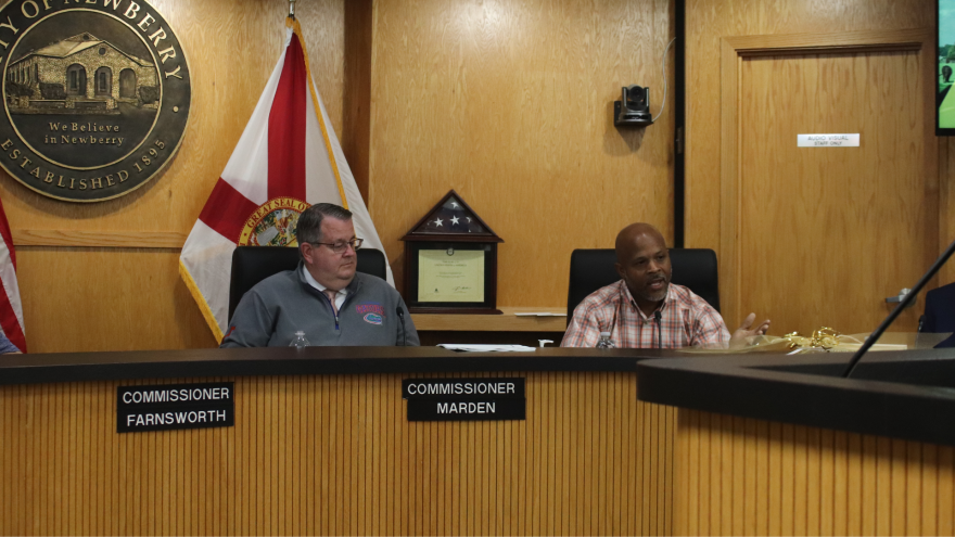 Commissioners Tim Marden (left) and Tony Mazon at a meeting on Feb. 10. (Michael Orlando/WUFT News)